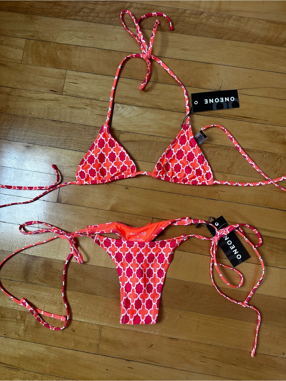One One One Coral Red Tile-Print Triangle Bikini